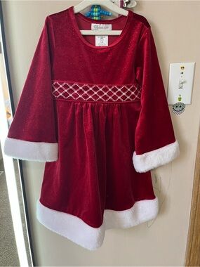 🎄 Bonnie Jean Red Velvet Holiday Dress with White Faux Fur Trim